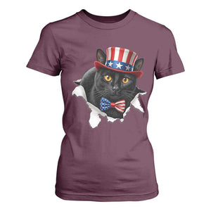 Funny Black Cat With Uncle Sam Hat T Shirt For Women Patriotic Pet Lover