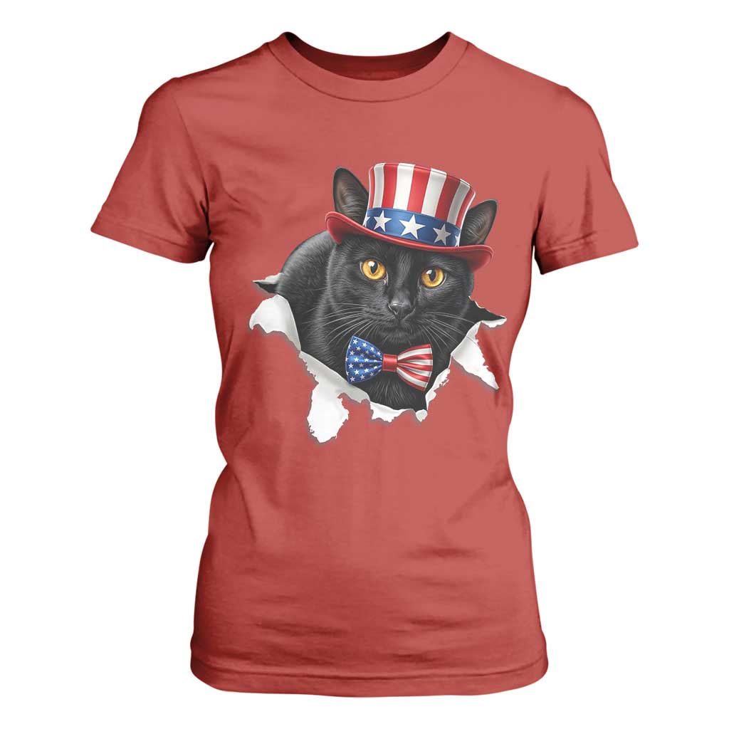 Funny Black Cat With Uncle Sam Hat T Shirt For Women Patriotic Pet Lover