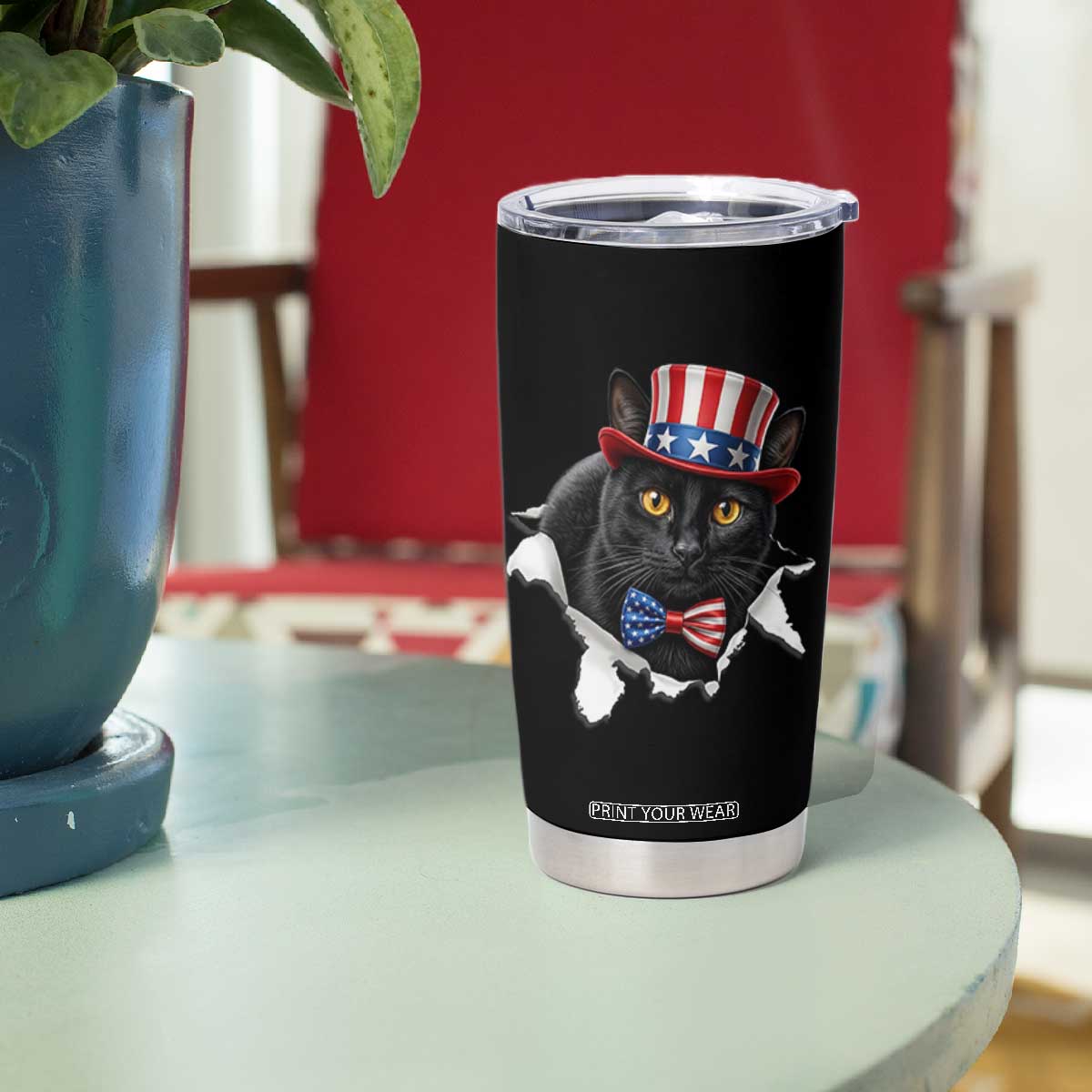 Funny Black Cat With Uncle Sam Hat Tumbler Cup Patriotic Pet Lover