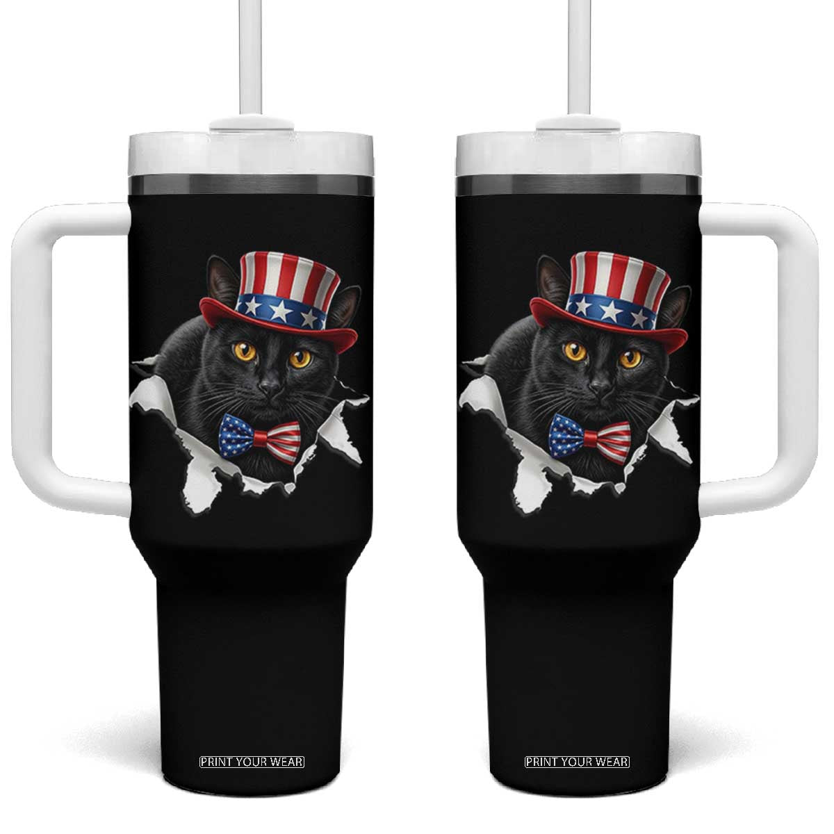 Funny Black Cat With Uncle Sam Hat Tumbler With Handle Patriotic Pet Lover TS12 One Size: 40 oz Black Print Your Wear