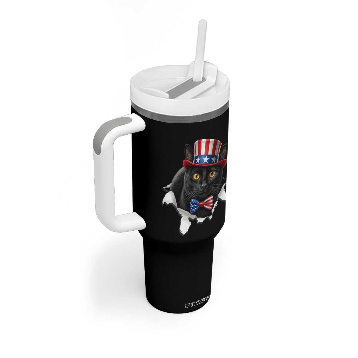 Funny Black Cat With Uncle Sam Hat Tumbler With Handle Patriotic Pet Lover