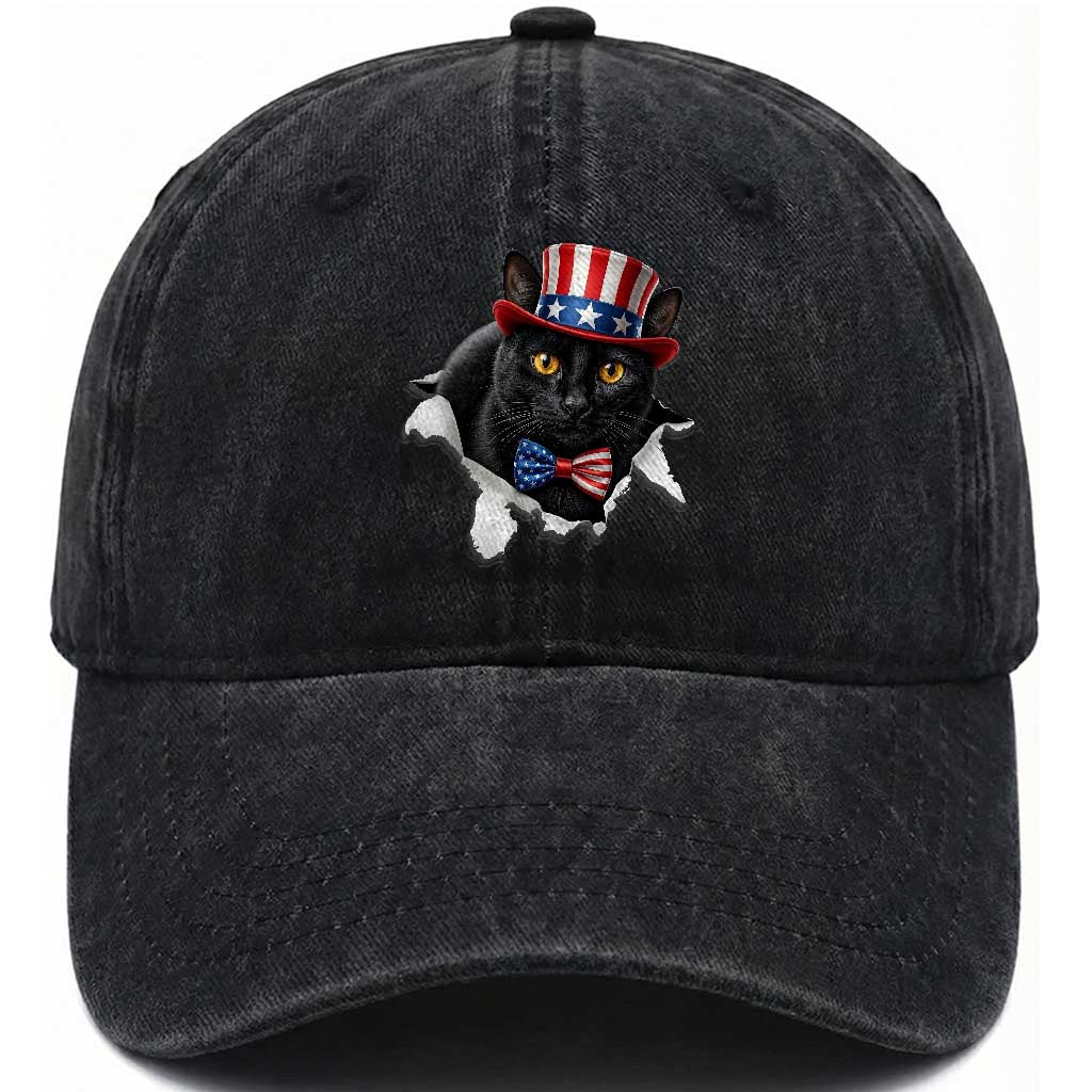 Funny Black Cat With Uncle Sam Hat Washed Cotton Baseball Cap Patriotic Pet Lover TS12 Print Your Wear