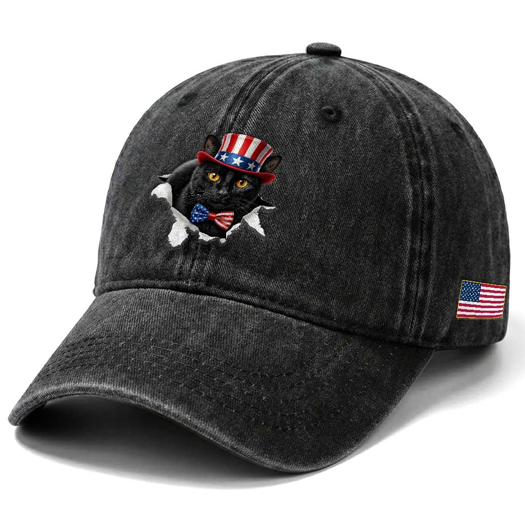 Funny Black Cat With Uncle Sam Hat Washed Cotton Baseball Cap Patriotic Pet Lover