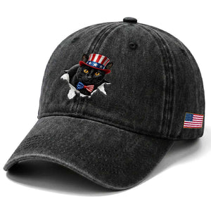 Funny Black Cat With Uncle Sam Hat Washed Cotton Baseball Cap Patriotic Pet Lover
