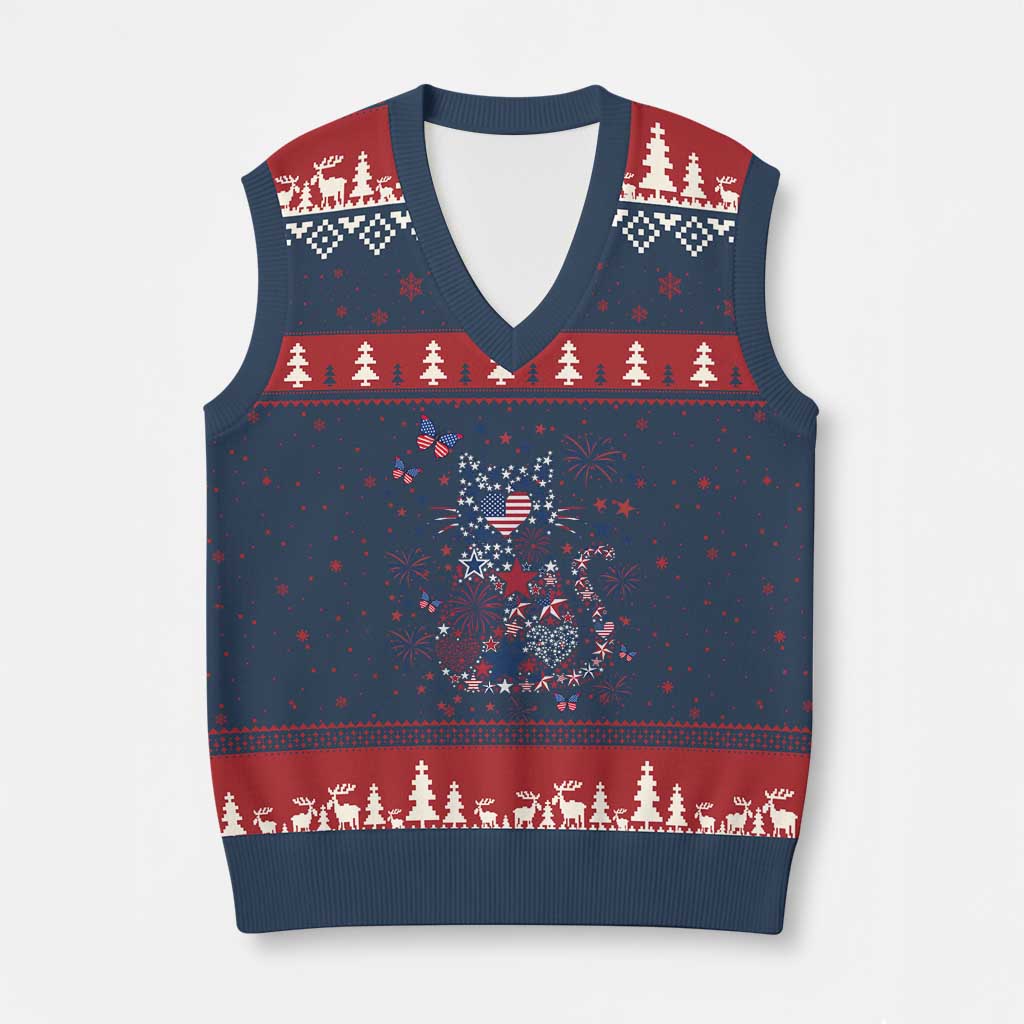 Funny Patriotic Cat Lover V-Neck Knit Sweater Vest 4th Of July Freedom