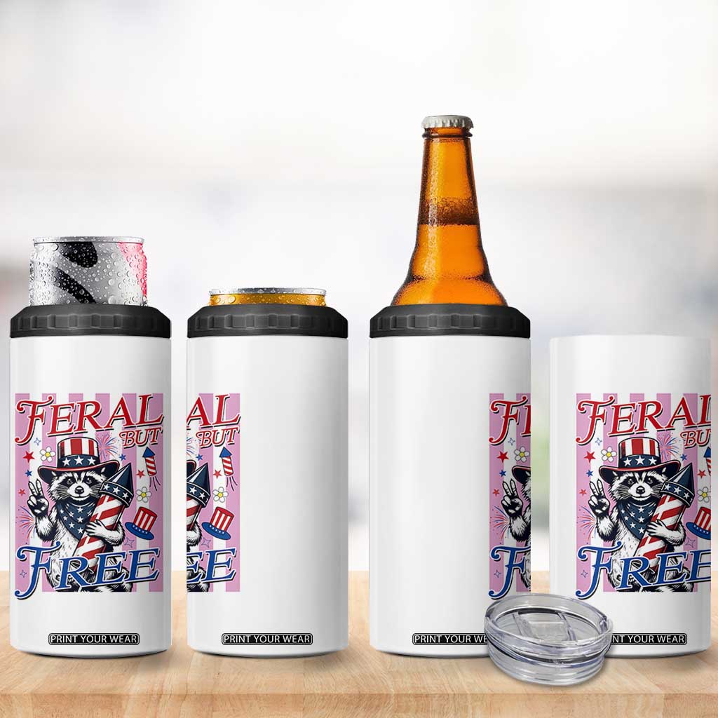 Funny Fourth Of July Raccoon 4 in 1 Can Cooler Tumbler Feral But Free