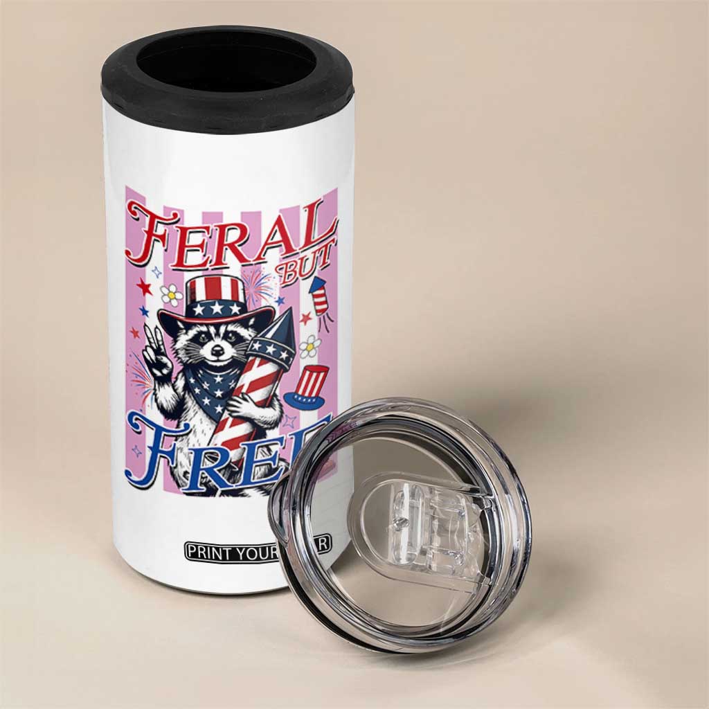 Funny Fourth Of July Raccoon 4 in 1 Can Cooler Tumbler Feral But Free