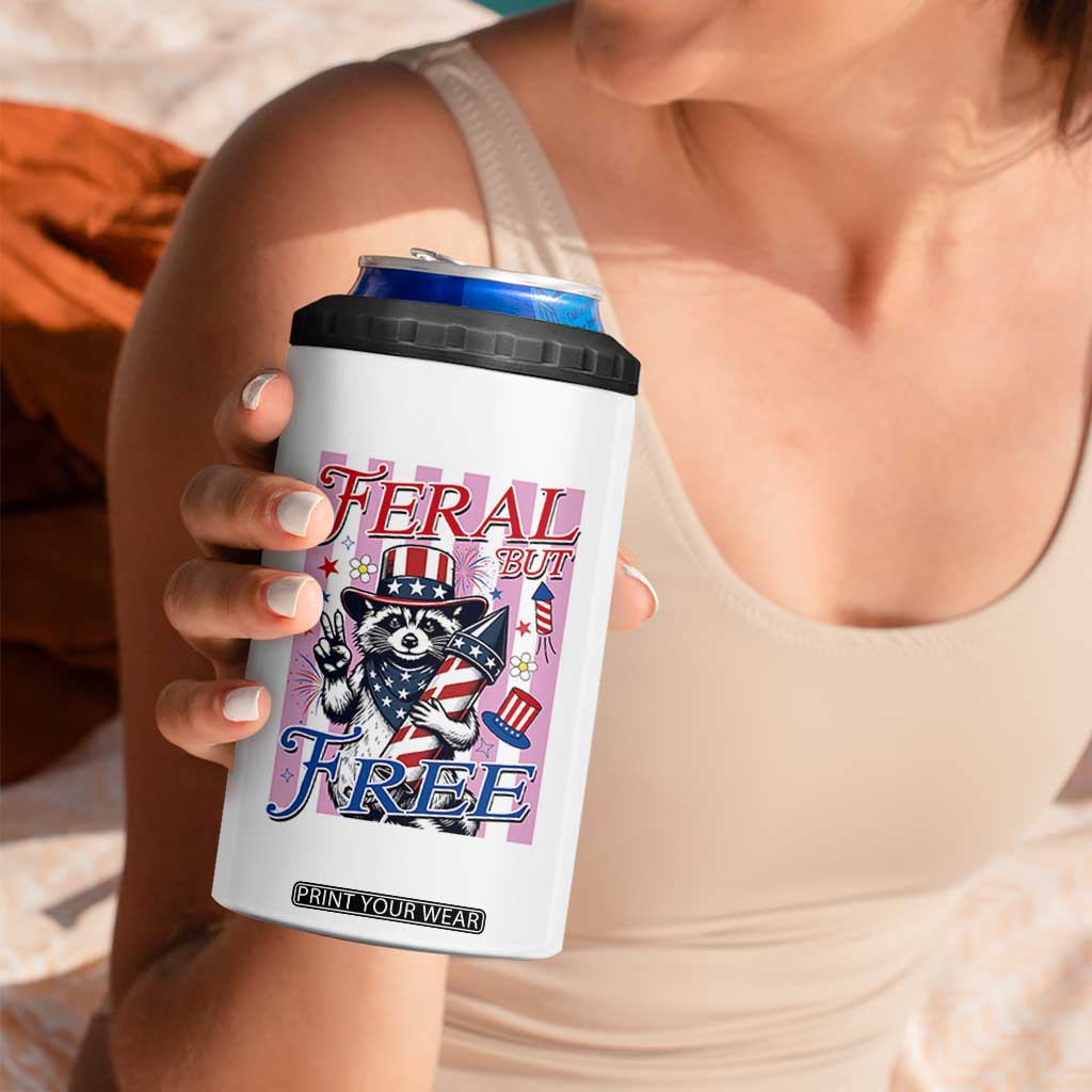 Funny Fourth Of July Raccoon 4 in 1 Can Cooler Tumbler Feral But Free