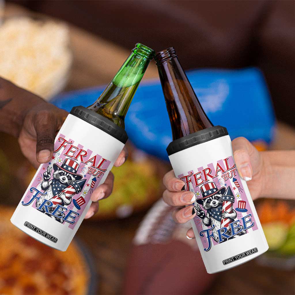 Funny Fourth Of July Raccoon 4 in 1 Can Cooler Tumbler Feral But Free