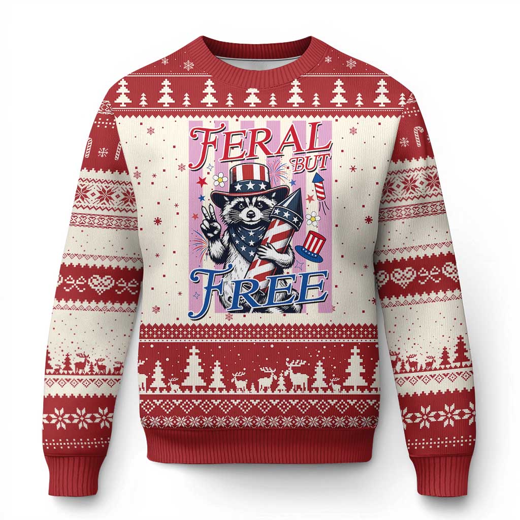 Funny Fourth Of July Raccoon Ugly Christmas Sweater Feral But Free