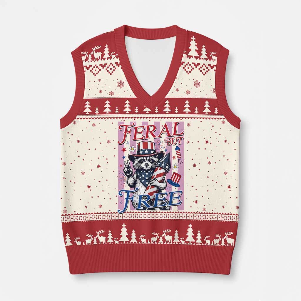 Funny Fourth Of July Raccoon V-Neck Knit Sweater Vest Feral But Free