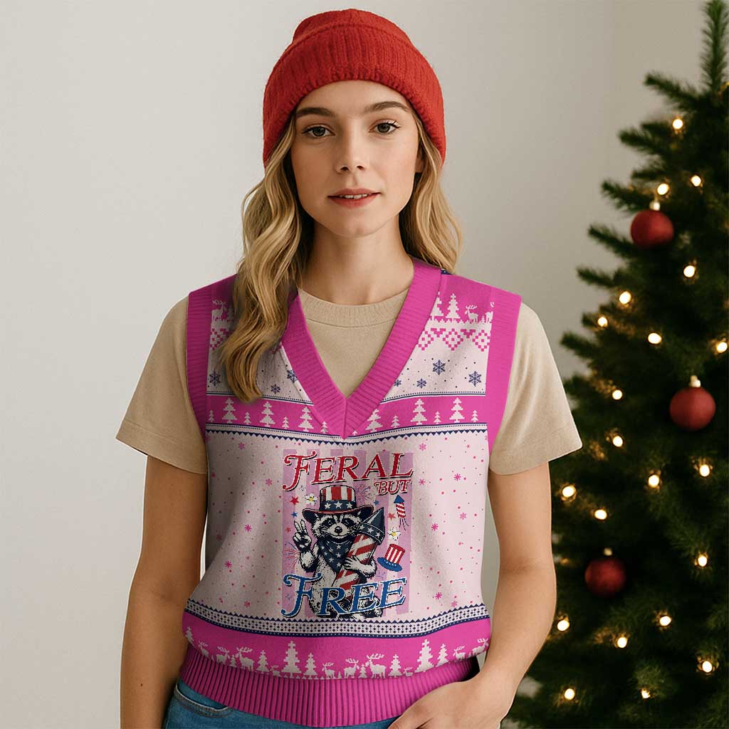 Funny Fourth Of July Raccoon V-Neck Knit Sweater Vest Feral But Free