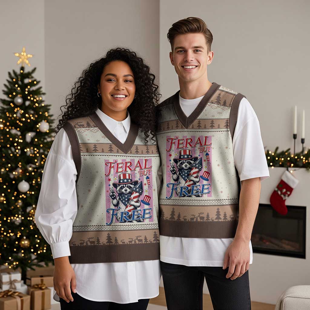 Funny Fourth Of July Raccoon V-Neck Knit Sweater Vest Feral But Free