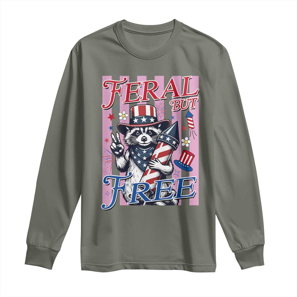Funny Fourth Of July Raccoon Long Sleeve Shirt Feral But Free