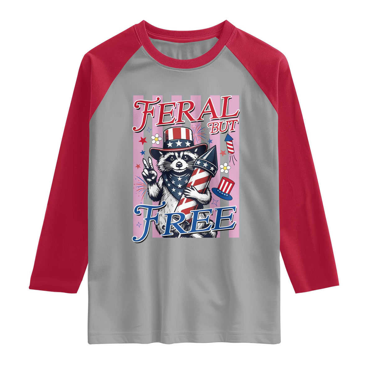 Funny Fourth Of July Raccoon Raglan Shirt Feral But Free