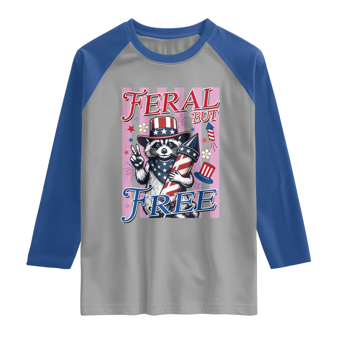 Funny Fourth Of July Raccoon Raglan Shirt Feral But Free