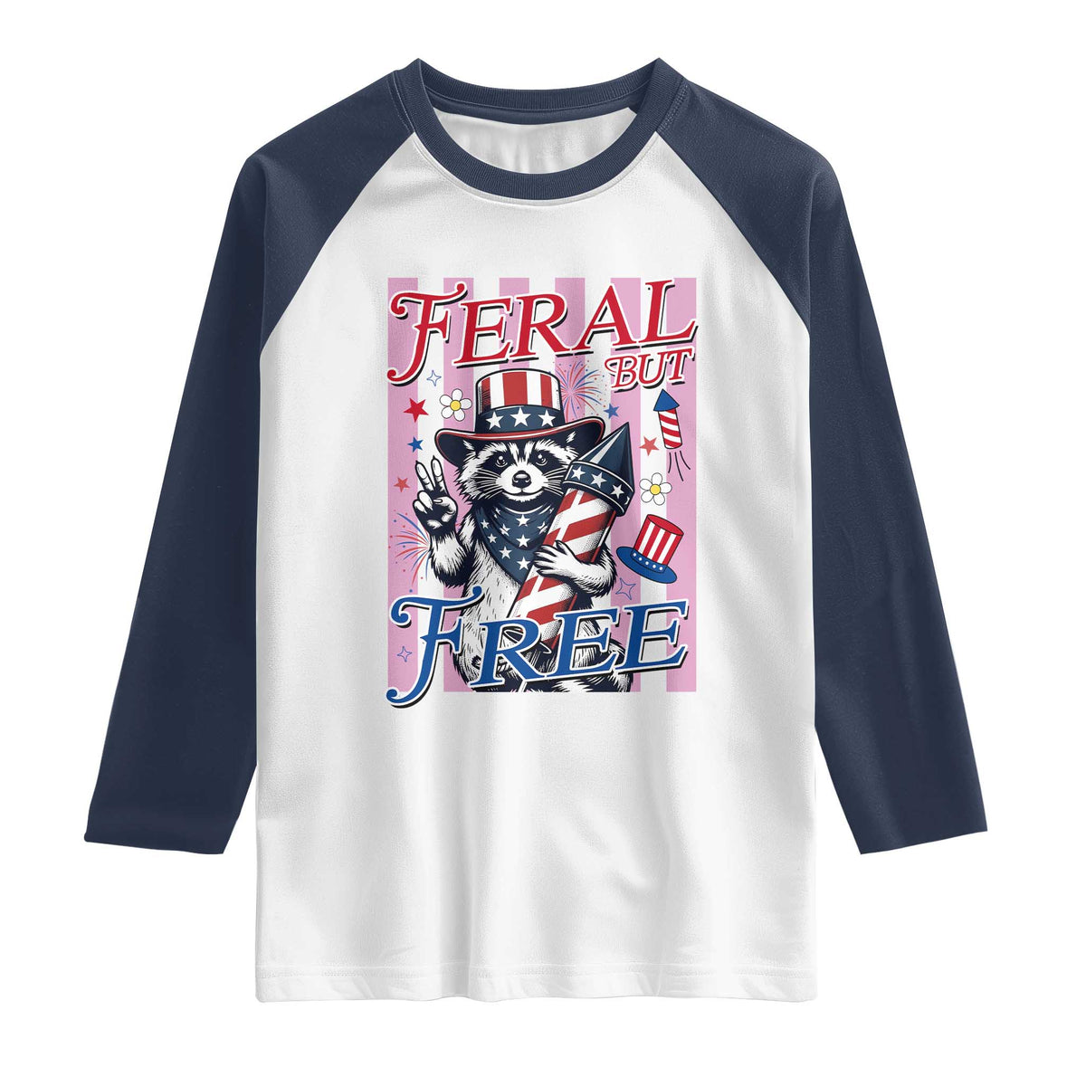 Funny Fourth Of July Raccoon Raglan Shirt Feral But Free