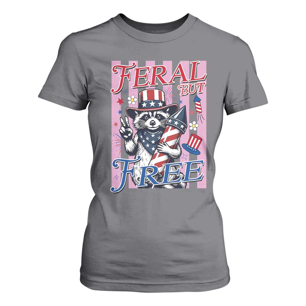 Funny Fourth Of July Raccoon T Shirt For Women Feral But Free
