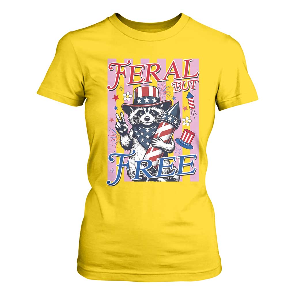 Funny Fourth Of July Raccoon T Shirt For Women Feral But Free