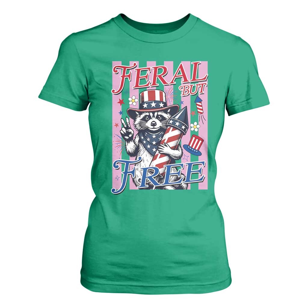 Funny Fourth Of July Raccoon T Shirt For Women Feral But Free