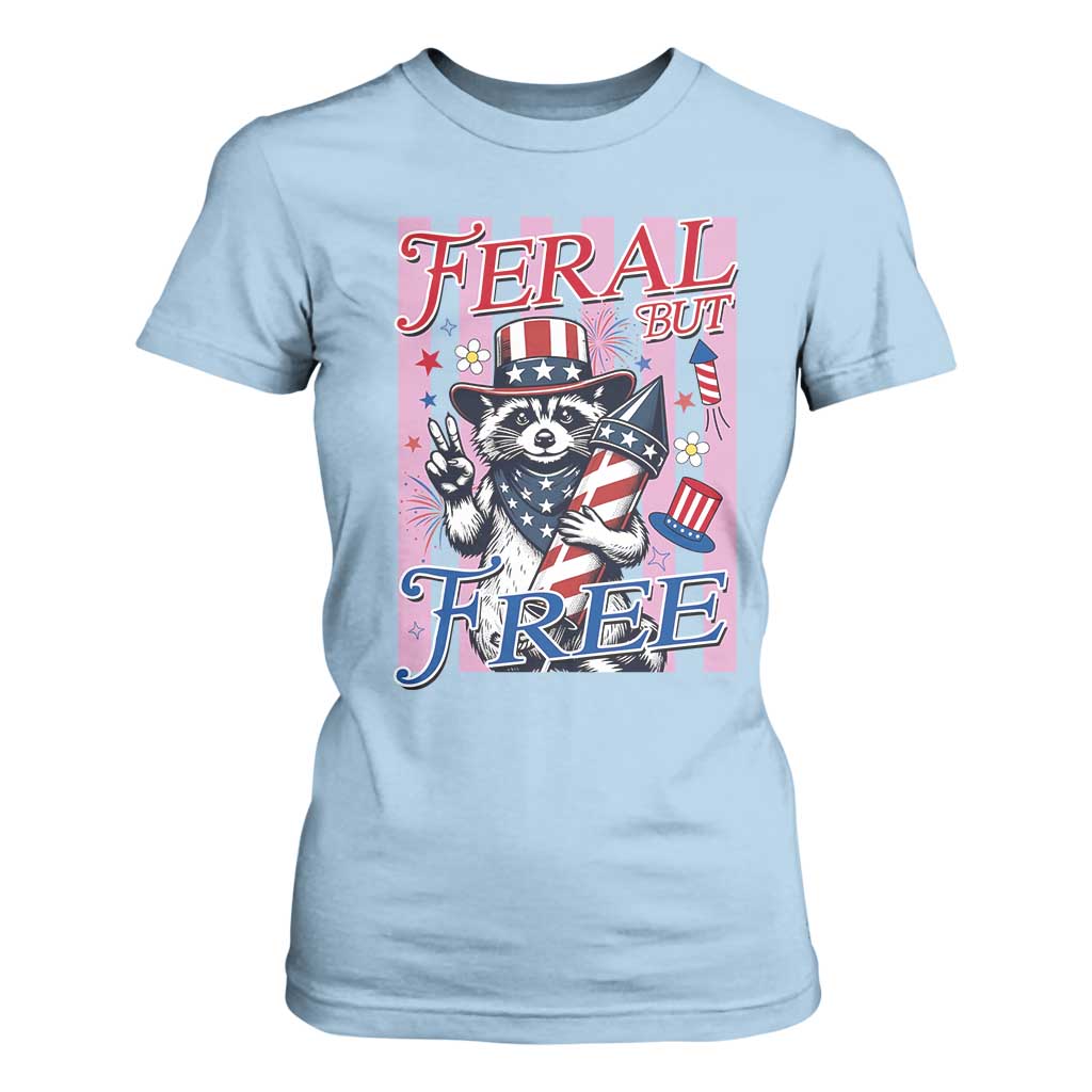 Funny Fourth Of July Raccoon T Shirt For Women Feral But Free