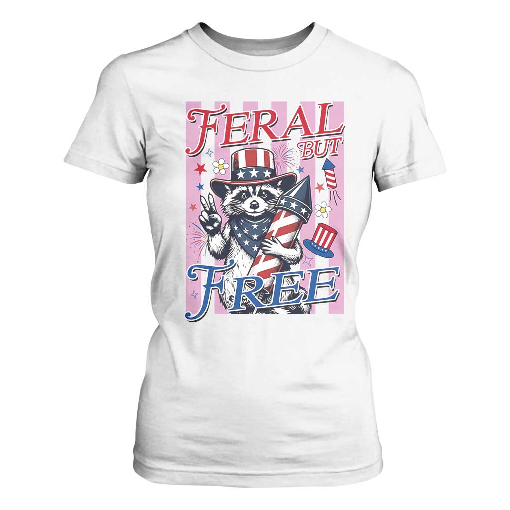 Funny Fourth Of July Raccoon T Shirt For Women Feral But Free