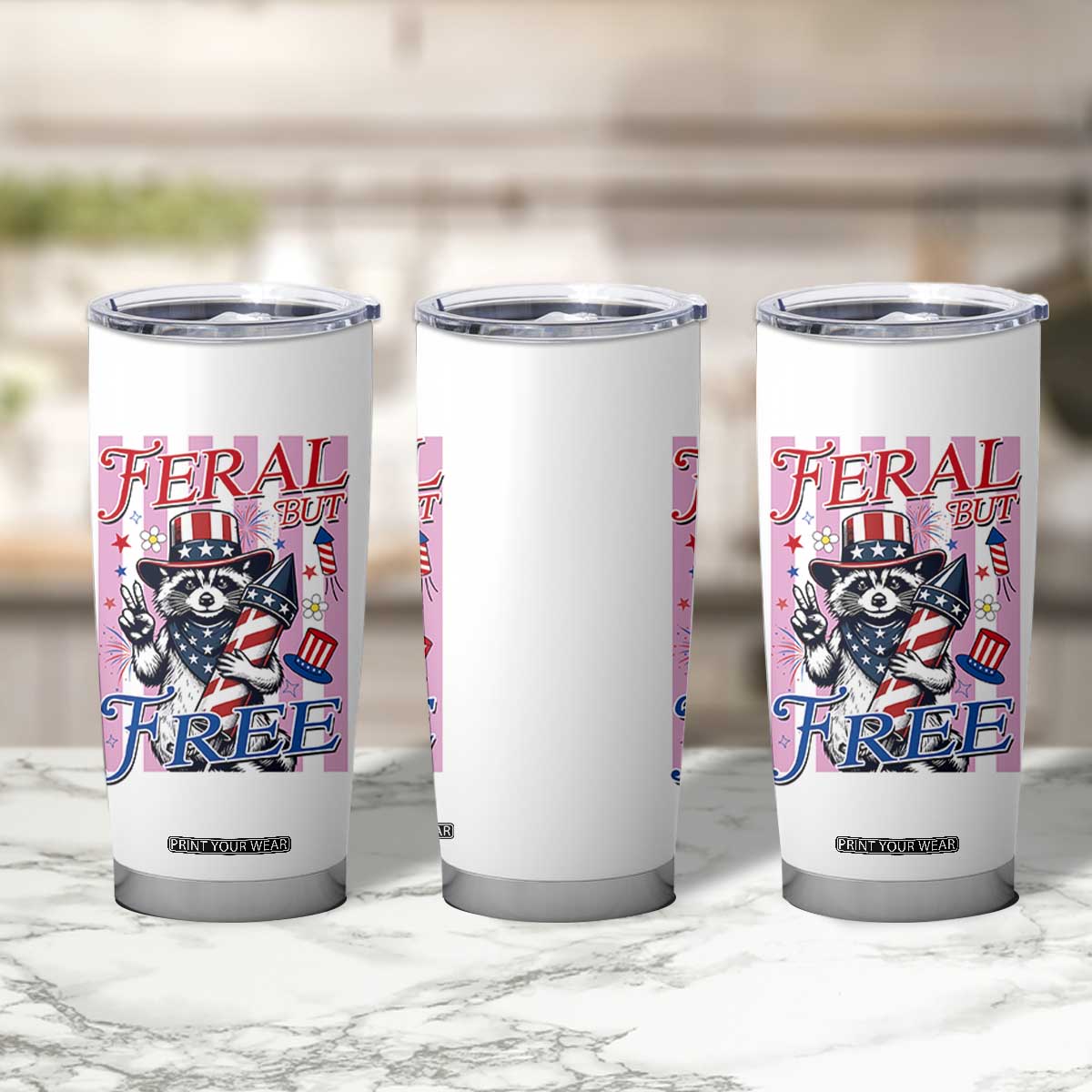 Funny Fourth Of July Raccoon Tumbler Cup Feral But Free