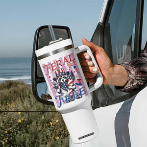 Funny Fourth Of July Raccoon Tumbler With Handle Feral But Free