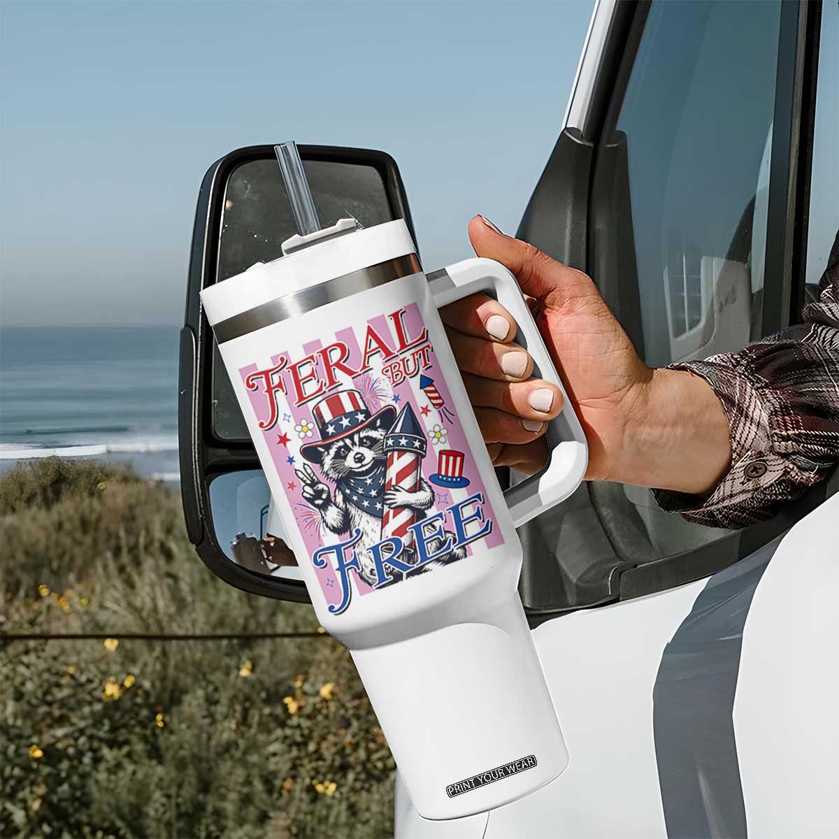 Funny Fourth Of July Raccoon Tumbler With Handle Feral But Free