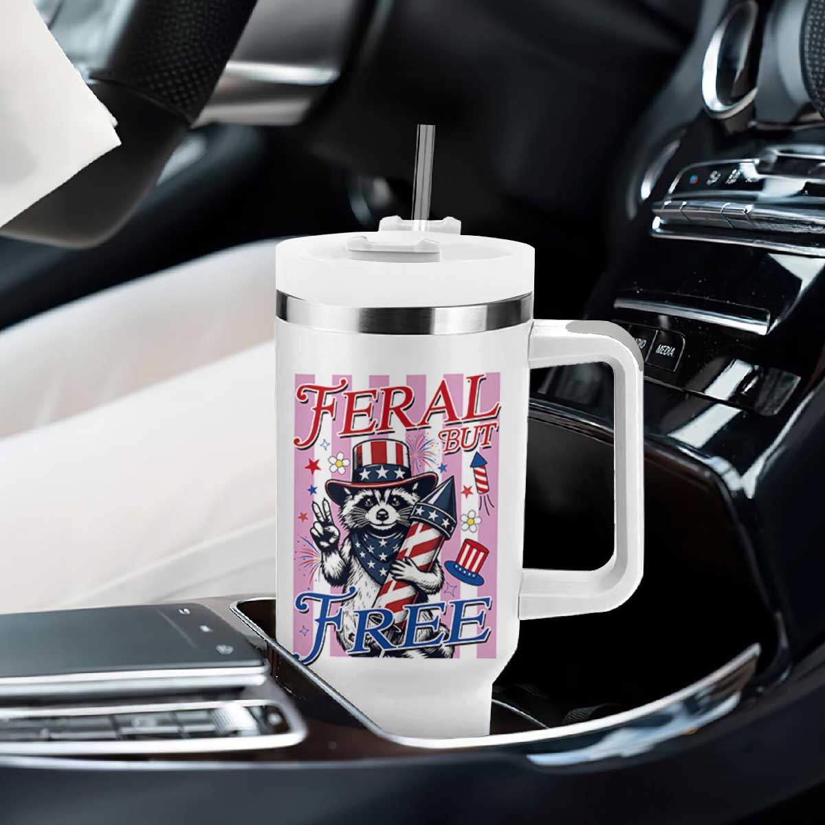 Funny Fourth Of July Raccoon Tumbler With Handle Feral But Free