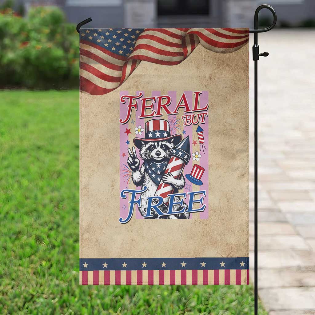 Funny Fourth Of July Raccoon Patriotic Garden Flag Feral But Free TS12 Vintage Rustic Tan Navy Print Your Wear