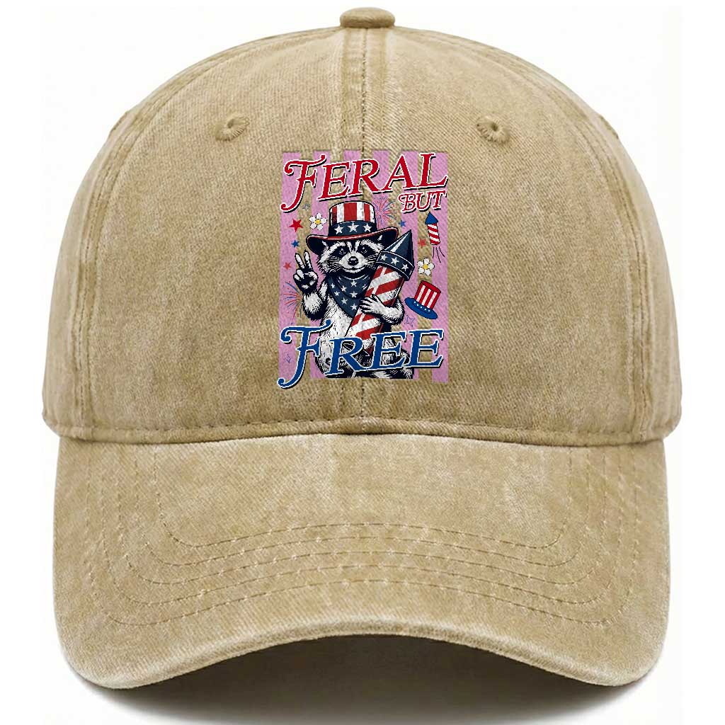 Funny Fourth Of July Raccoon Washed Cotton Baseball Cap Feral But Free
