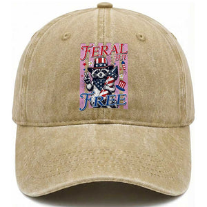 Funny Fourth Of July Raccoon Washed Cotton Baseball Cap Feral But Free