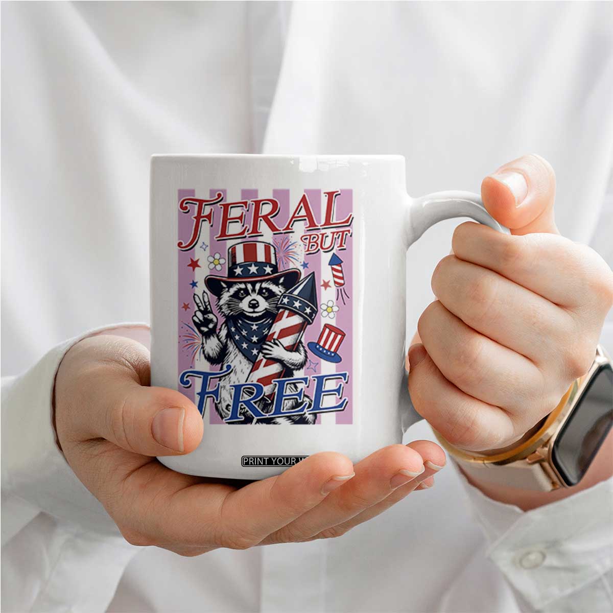 Funny Fourth Of July Raccoon Coffee Mug Feral But Free
