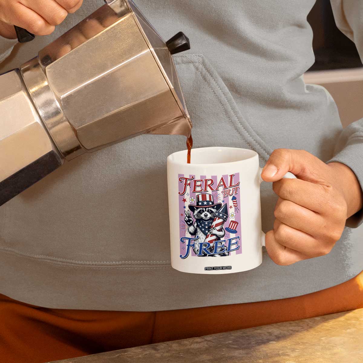 Funny Fourth Of July Raccoon Coffee Mug Feral But Free