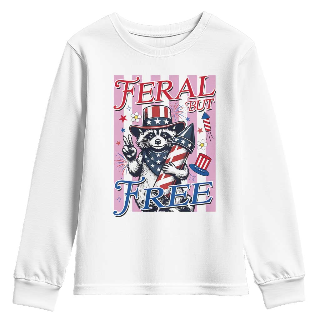 Funny Fourth Of July Raccoon Youth Sweatshirt Feral But Free TS12 White Print Your Wear