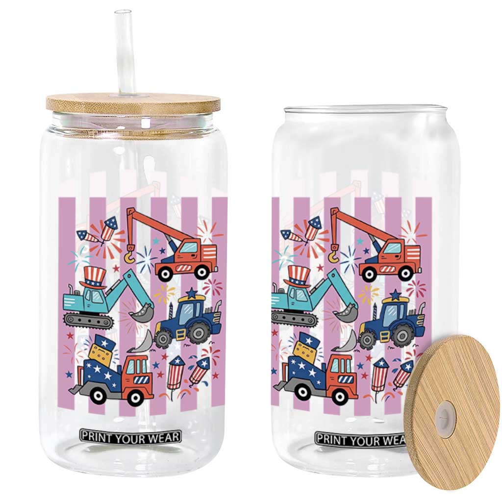 Red White And Blue Construction Crew Glass Can Patriotic Kids 4th Of July