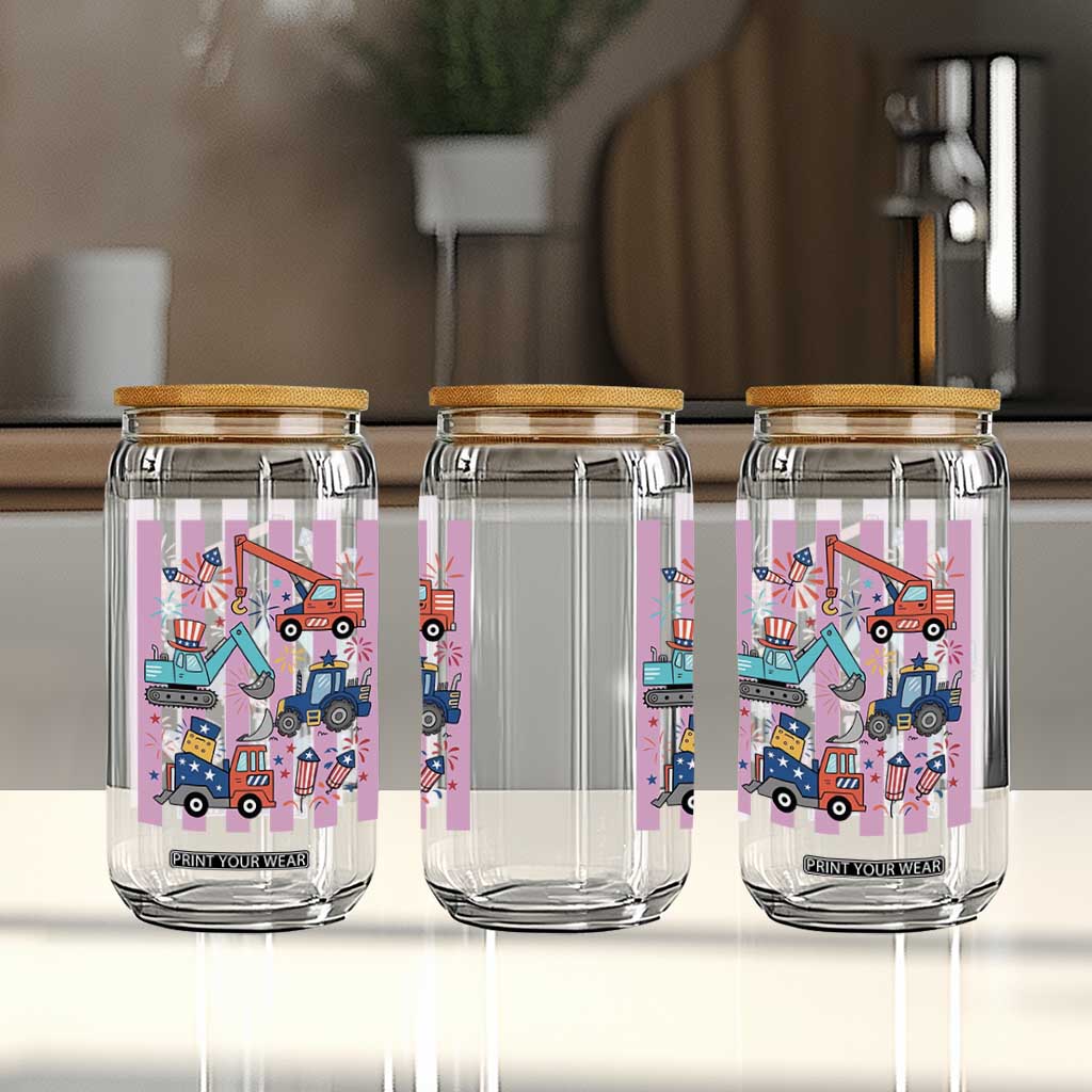 Red White And Blue Construction Crew Glass Can Patriotic Kids 4th Of July