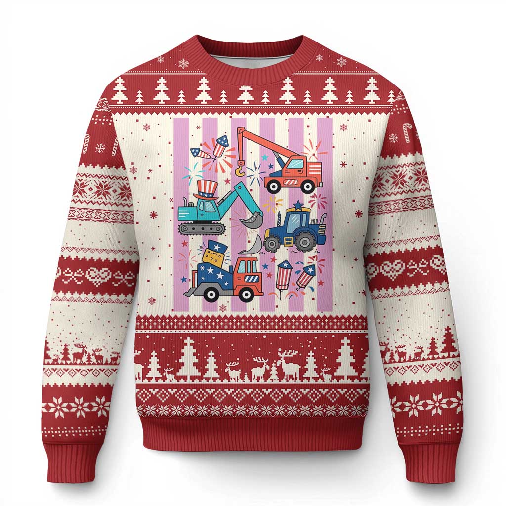 Red White And Blue Construction Crew Ugly Christmas Sweater Patriotic Kids 4th Of July TS12 Beige Red Print Your Wear