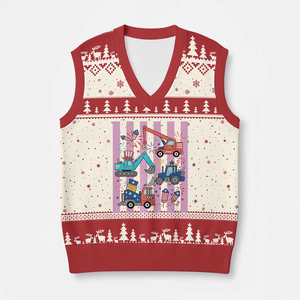 Red White And Blue Construction Crew V-Neck Knit Sweater Vest Patriotic Kids 4th Of July TS12 Beige Red Print Your Wear