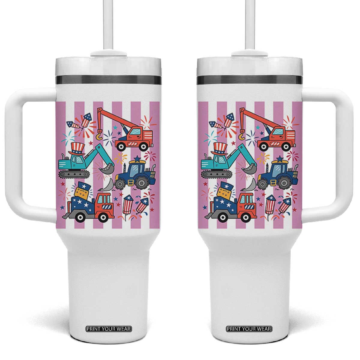 Red White And Blue Construction Crew Tumbler With Handle Patriotic Kids 4th Of July