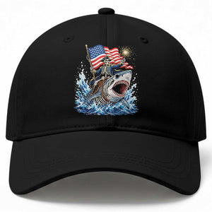 Patriotic Skeleton Pirate Riding Shark Baseball Cap American Ocean Pride