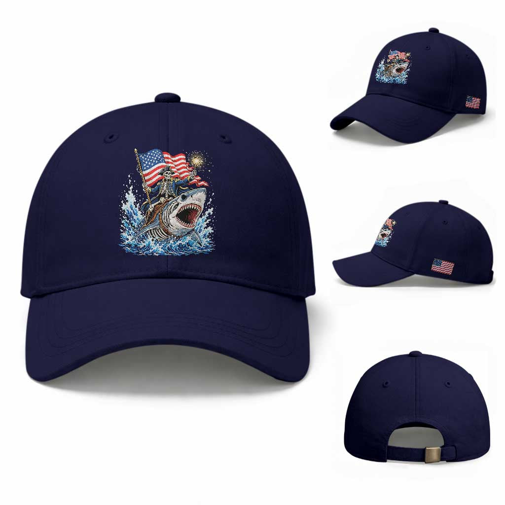 Patriotic Skeleton Pirate Riding Shark Baseball Cap American Ocean Pride