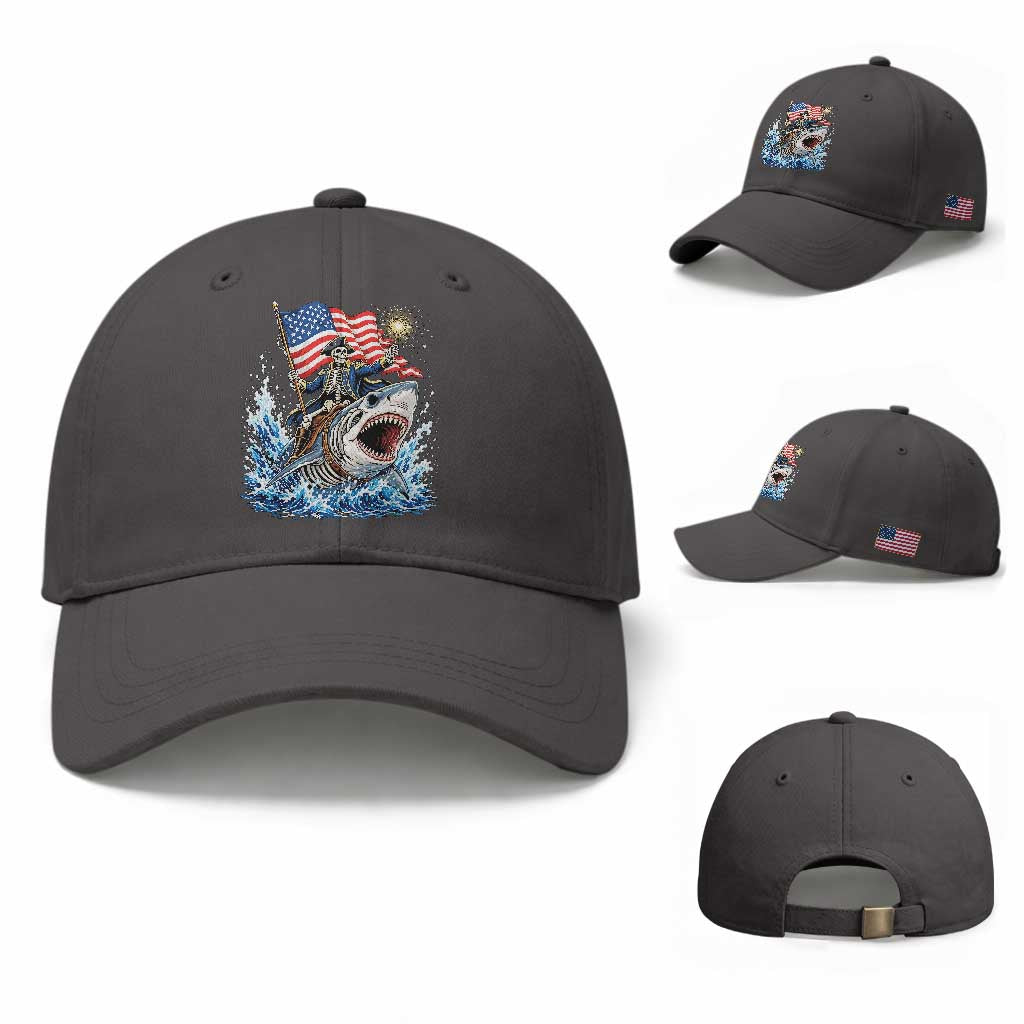 Patriotic Skeleton Pirate Riding Shark Baseball Cap American Ocean Pride