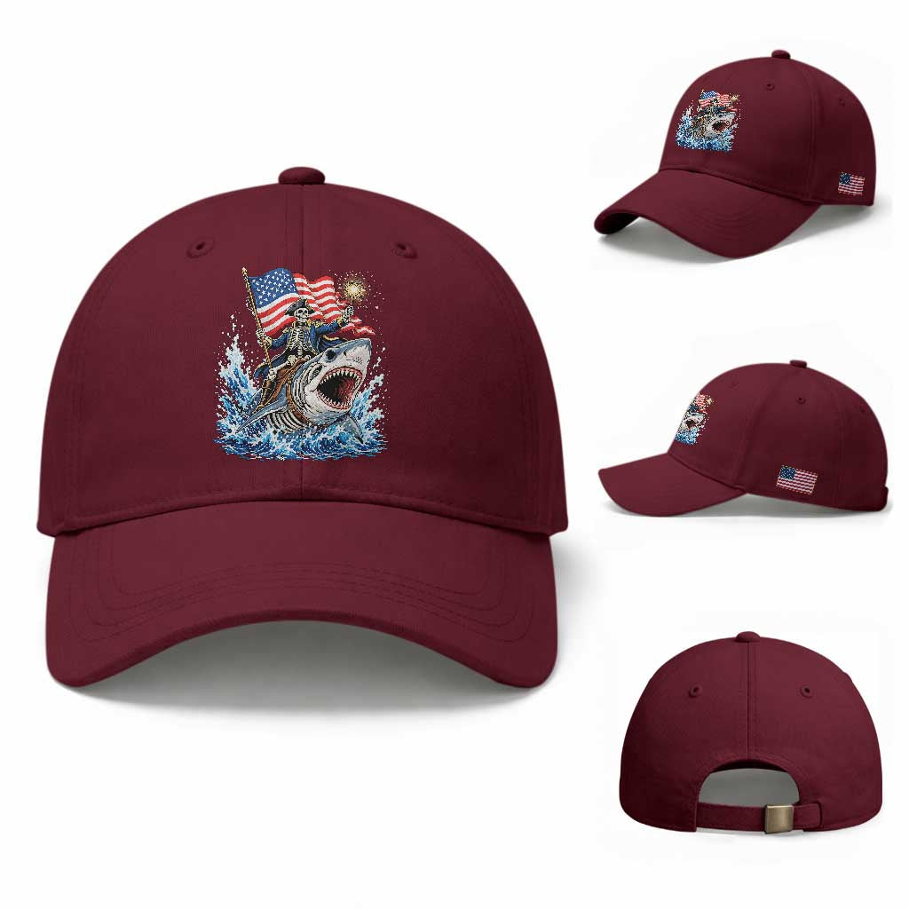 Patriotic Skeleton Pirate Riding Shark Baseball Cap American Ocean Pride