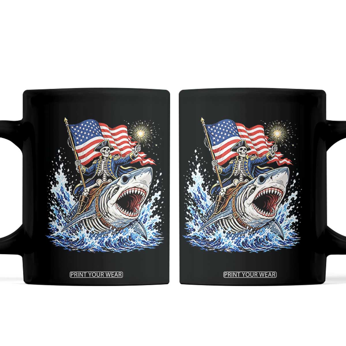 Patriotic Skeleton Pirate Riding Shark Coffee Mug American Ocean Pride