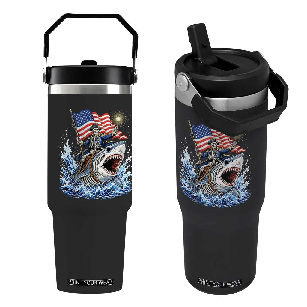 Patriotic Skeleton Pirate Riding Shark Flip Straw Tumbler American Ocean Pride