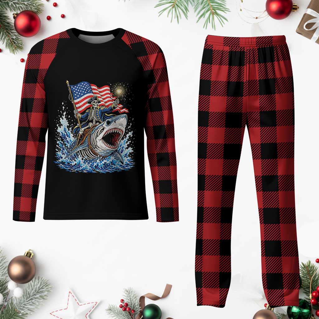 Patriotic Skeleton Pirate Riding Shark Plaid Pajama Set American Ocean Pride