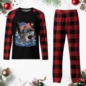 Patriotic Skeleton Pirate Riding Shark Plaid Pajama Set American Ocean Pride