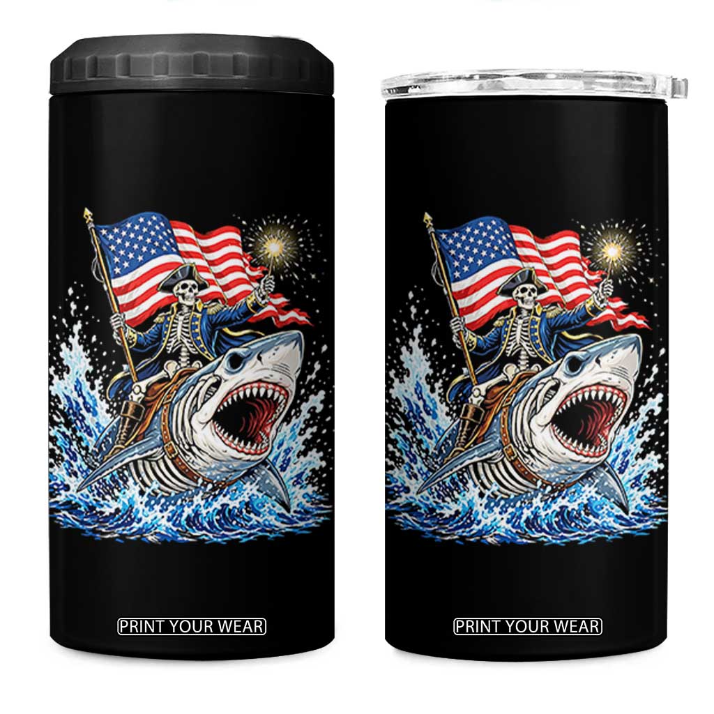 Patriotic Skeleton Pirate Riding Shark 4 in 1 Can Cooler Tumbler American Ocean Pride